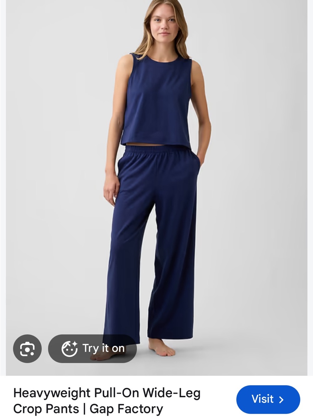 GAP Navy Blue Wide-Leg Pajama Set - Sleeveless Crop Top & Pull-On Pants